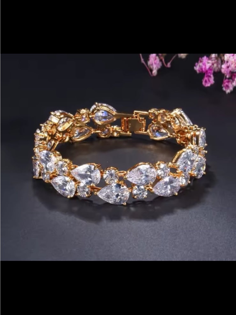 Clear tear drop crystals AAA zirconia gold plated bracelet